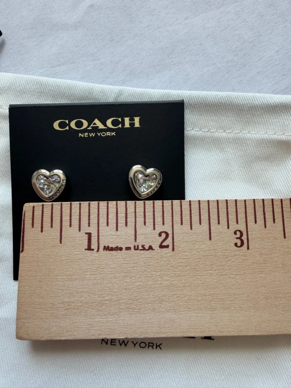 Coach Heart Crystal Stud Earrings Silver Tone Logo Romantic Gift - Picture 7 of 7